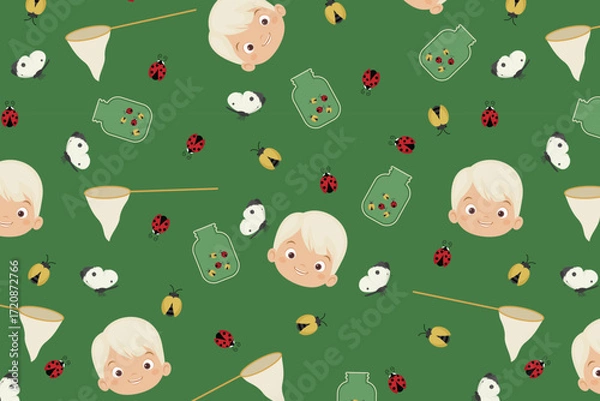 Fototapeta Boy Face With Butterflies And Ladybugs Seamless Pattern Swatch Available In Swatches Panel, Cute Bug Catching Kids Design