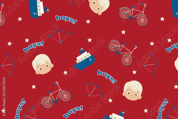 Fototapeta Boy Face With Bicycles And Ships Seamless Pattern Swatch Available In Swatches Panel, Playful Red Kids Design