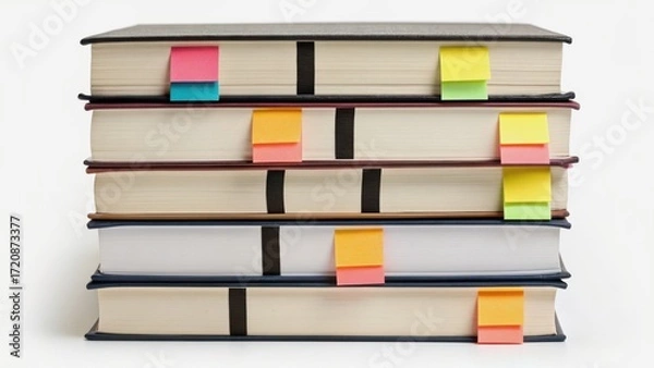 Fototapeta trade expense regulation judge concept. Stack of books with colorful sticky notes for organization.