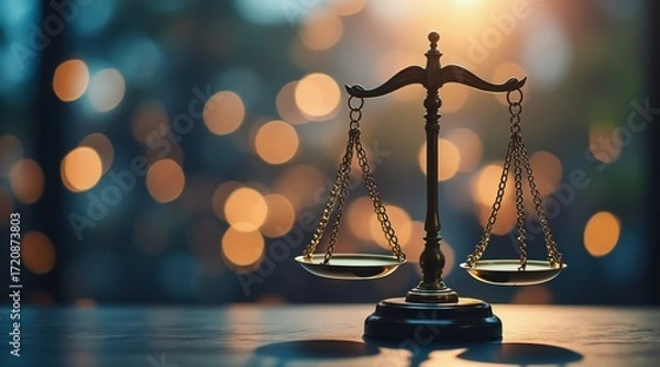 Fototapeta trade expense regulation judge concept. Symbol of justice with a blurred background of warm lights.