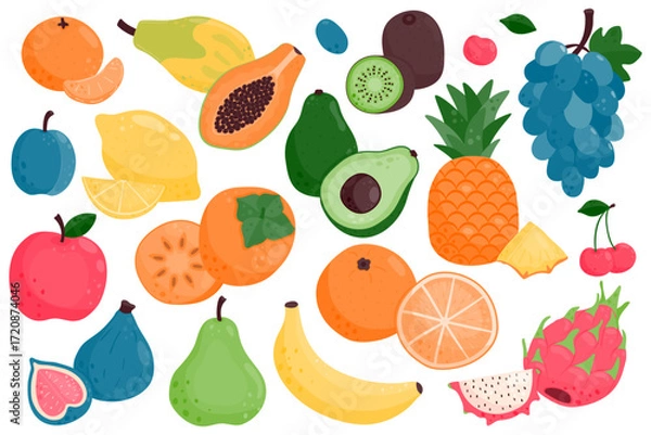 Fototapeta Set of ripe juicy fruits. Papaya, plum, avocado, pear, pitaya, tangerine, lemon, orange, apple, grapes, banana, cherry, fig, persimmon, pineapple, grapes.