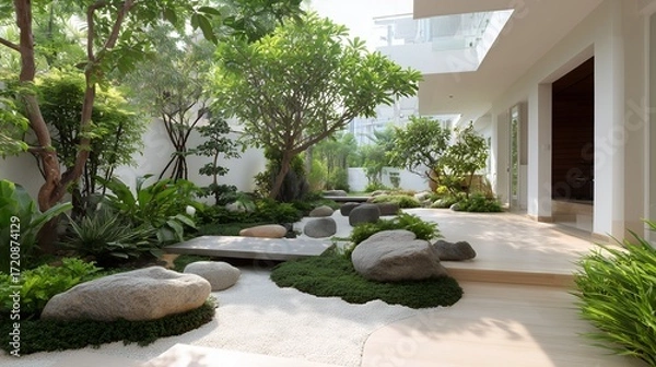 Obraz A sunny summer garden landscape of grass and trees with a stone path leading to a house