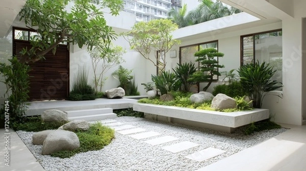 Obraz A luxurious modern living room with a large window view of the tranquil exterior garden and sleek house architecture