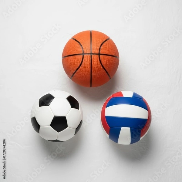 Fototapeta Flat lay of basketball, soccer ball, and volleyball arranged with clean minimal style