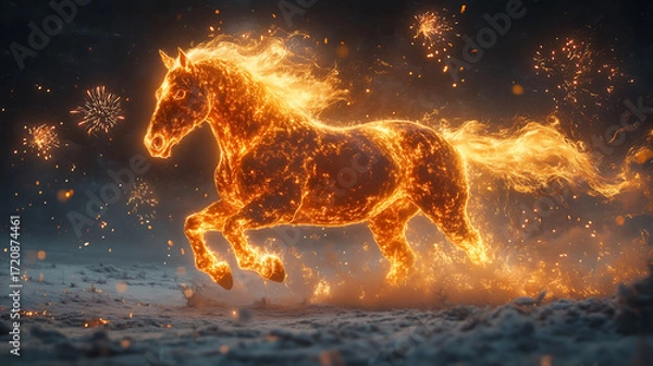 Obraz Epic fantasy. New Year 2026, Year of the Horse. A majestic, powerful horse, created from unearthly fire and light, races at high speed across a snowy field at night.