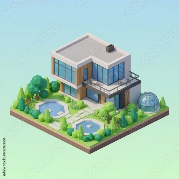 Fototapeta Modern architecture seamlessly blends with a meticulously landscaped garden