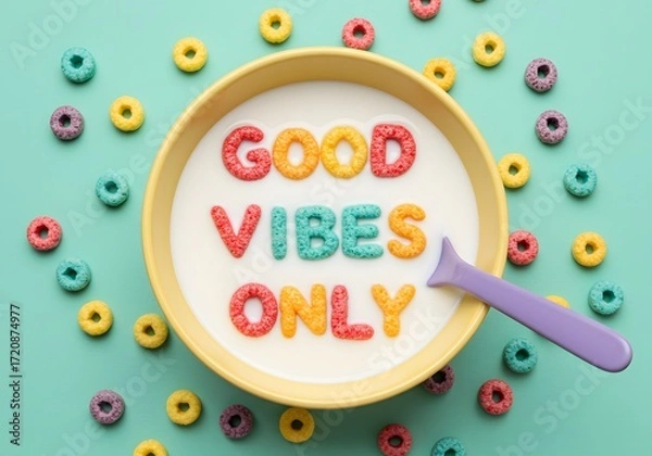 Obraz Colorful cereal letters spell good vibes only in a bowl surrounded by more cereal fun