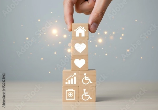 Obraz Hand stacking wooden blocks with symbols of love inclusion and accessibility building a brighter future