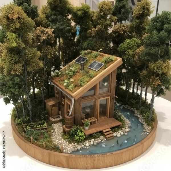 Fototapeta Tiny house model surrounded by forest trees, sustainable living concept