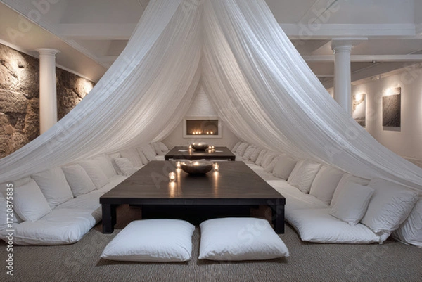 Fototapeta Cozy gathering space with soft seating and ambient lighting in a serene atmosphere