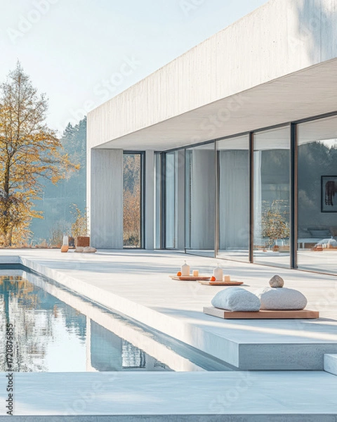 Fototapeta Modern architecture harmonizes with nature at a serene lakeside retreat