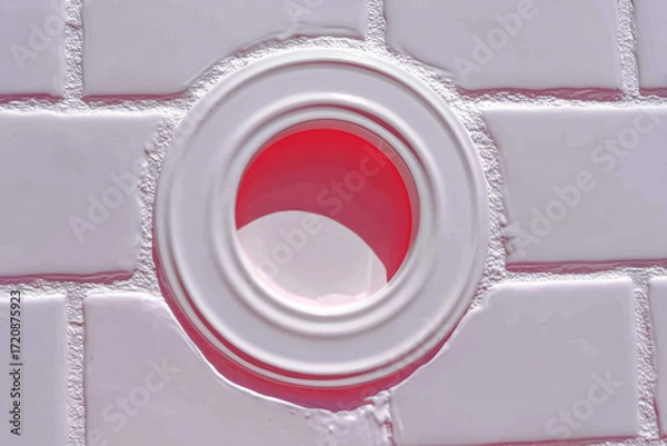 Fototapeta Colorful circular opening embedded in a white textured wall attracts attention in a modern interior space