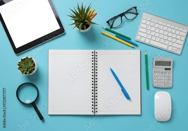 Obraz Top view of a desk with a tablet notebook keyboard mouse calculator magnifying glass and plants.