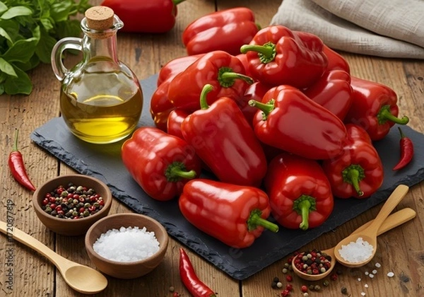 Obraz Vibrant red bell peppers and chili peppers arranged artfully with olive oil and spices on rustic wood