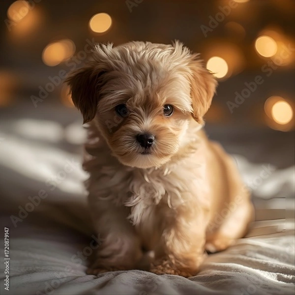Fototapeta Adorable Fluffy Puppy Sitting Indoors with Warm Bokeh Lights
