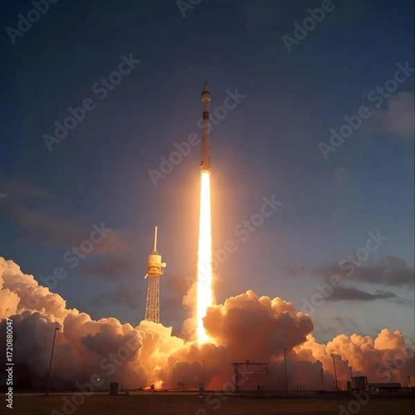 Fototapeta Rocket Launch with Bright Flames and Smoke at Dusk