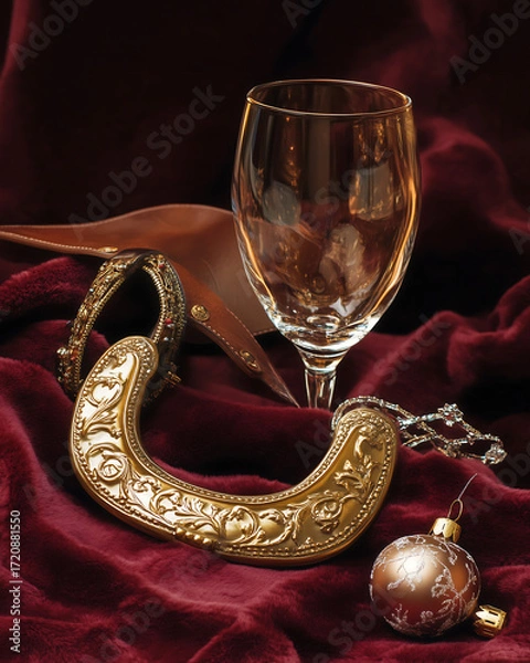 Obraz A still life for the New Year 2026, the Year of the Horse. An exquisite, elegant golden horseshoe and leather bridle are placed on a dark crimson velvet tablecloth next to a champagne glass and vintag