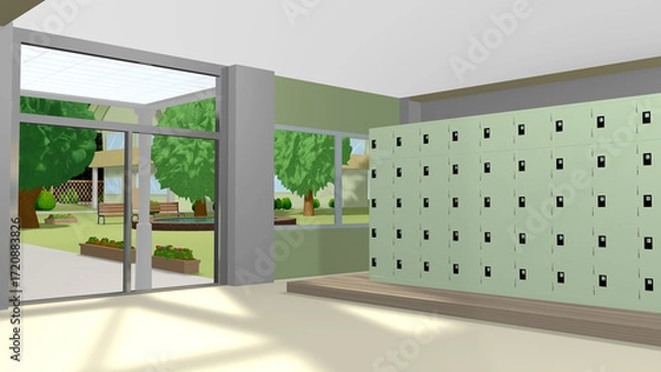 Obraz 学校の玄関や職員室前を背景にするアニメーションに最適なイラスト（使用するアニメーションに合わせて多種多様のアングルを準備しました）