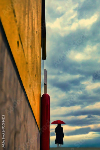 Obraz 曇天を眺める赤い傘の女性