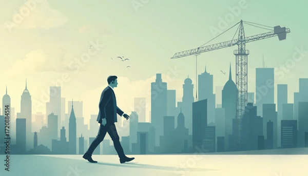 Fototapeta Businessman walking in a city with skyscrapers and crane