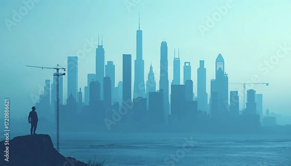 Fototapeta Silhouette overlooking hazy cityscape with construction cranes