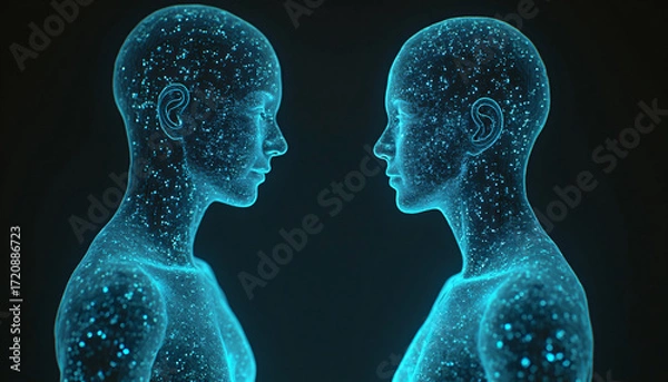 Fototapeta Two Blue Particle Human Forms