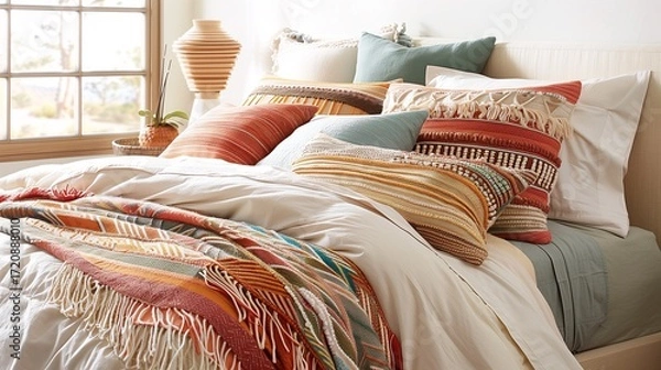 Fototapeta A cozy bedroom scene featuring a neatly made bed with colorful pillows and a textured blanket.