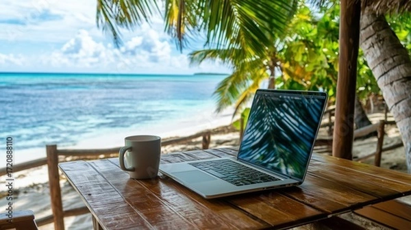 Fototapeta A serene beach scene featuring a laptop and a coffee cup on a wooden table, surrounded by palm trees and a turquoise ocean in the background.