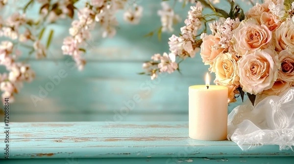 Fototapeta A serene arrangement featuring a lit candle beside a bouquet of soft pink roses and delicate blossoms on a rustic turquoise table.