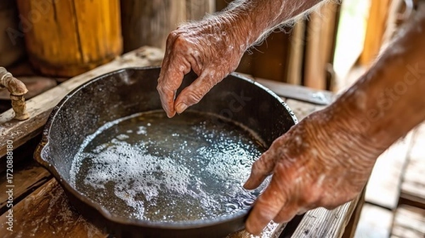 Fototapeta A close-up of aged hands gently interacting with water in a rustic bowl.