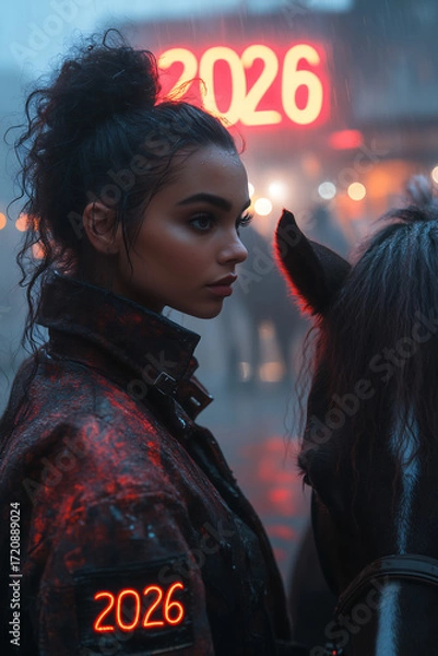 Obraz A strong, confident female equestrian in a stylish cyberpunk jacket with orange and red neon accents stands next to a powerful horse on a rooftop observation deck.