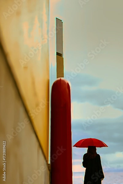 Fototapeta 雲を眺める赤い傘の女性
