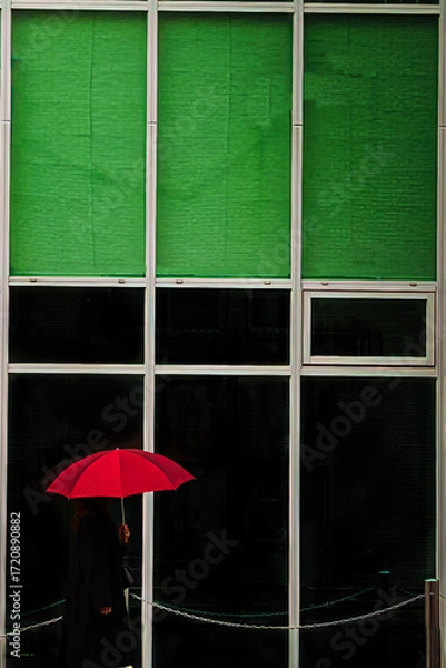 Fototapeta 緑のアーケードを歩く赤い傘の女性