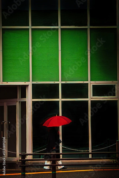 Fototapeta 緑のアーケードを歩く赤い傘の女性