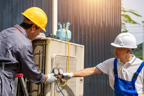 Fototapeta Air Conditioning Repair: A duo of skilled technicians, dressed in safety attire, collaborate to diagnose and mend an air conditioning unit.