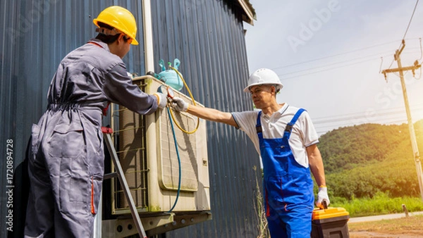 Fototapeta Electricians at Work: Two skilled electricians collaborating on an electrical transformer, meticulously inspecting and maintaining the equipment with professionalism in an outdoor setting.