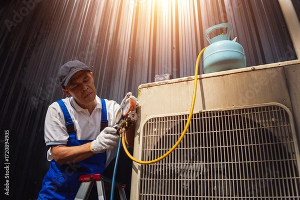 Fototapeta HVAC Technician Servicing Air Conditioner: A focused technician, clad in overalls and protective gloves, meticulously services an air conditioning unit. With precision.