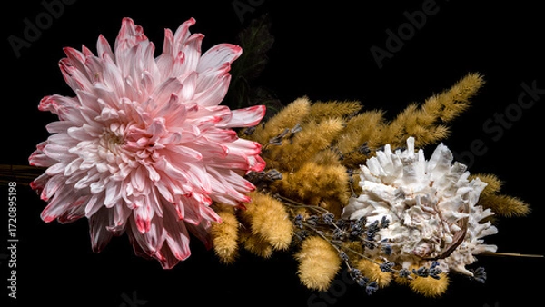 Fototapeta Still Life with Chrysanthemum, Grass and Seashell