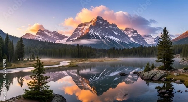 Fototapeta Sunrise reflection of snow covered mountain and pine forest in tranquil lake