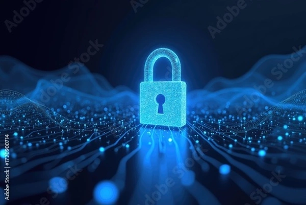 Fototapeta Glowing blue padlock standing on a circuit board with abstract blue light trails in the background