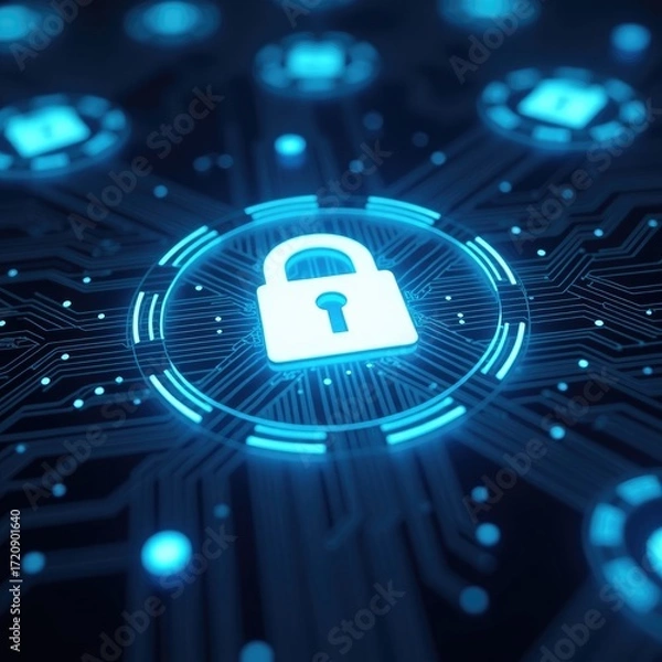 Fototapeta Glowing padlock on a circuit board representing digital security and data protection concept art design