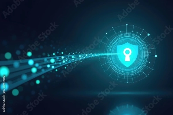 Fototapeta Glowing shield with keyhole and light streaks representing digital security on a dark blue background