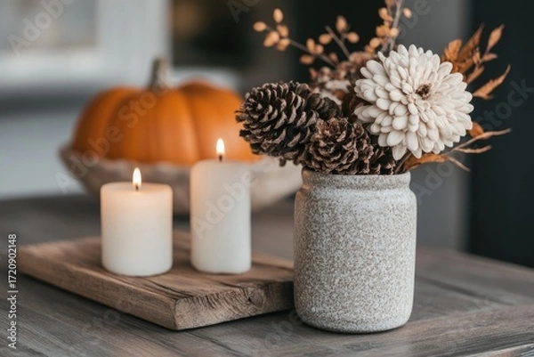 Fototapeta Thanksgiving celebration with rustic style, autumn colors, and candles