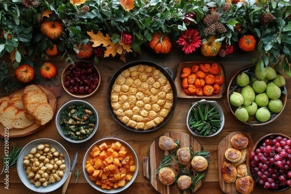 Fototapeta Rustic Thanksgiving table adorned with autumn-themed decorations and candles