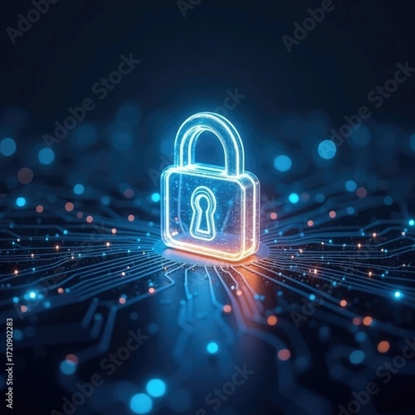Fototapeta Glowing padlock on circuit board background with blue and orange lights and bokeh effect in the dark