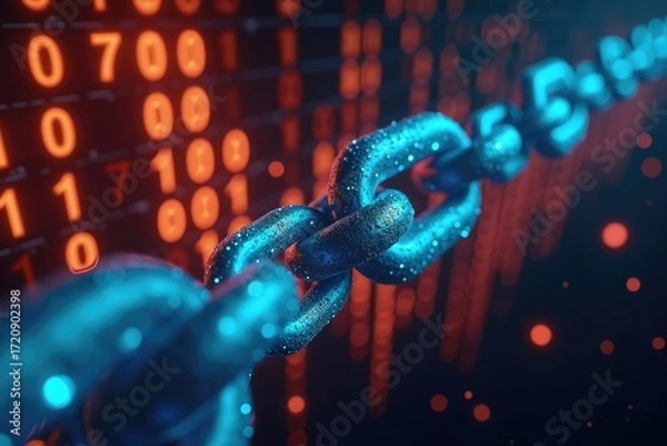 Fototapeta A close up view of a metallic chain with binary code in the background glowing with orange and blue colors