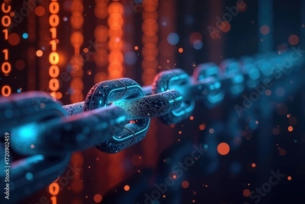 Fototapeta A digital chain with glowing blue links and binary code in the background with bokeh effect lights
