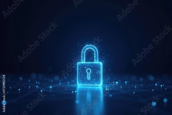 Fototapeta A glowing blue padlock with a keyhole on a dark background with bright blue dots and reflections