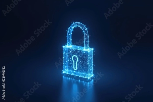 Fototapeta Glowing blue padlock formed from connected dots and lines against a dark blue background space