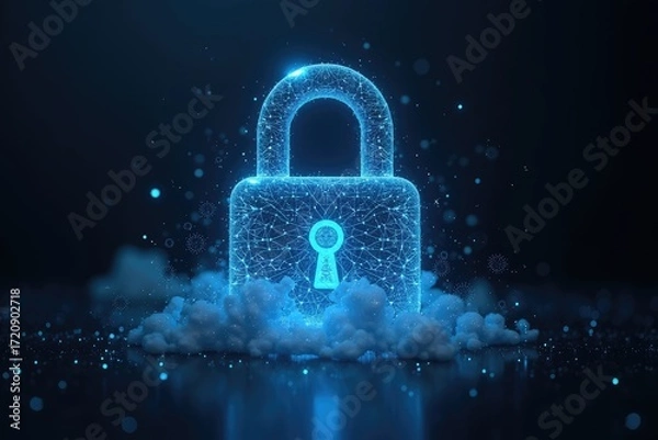 Fototapeta A glowing blue padlock composed of interconnected lines resting on a bed of fluffy white clouds